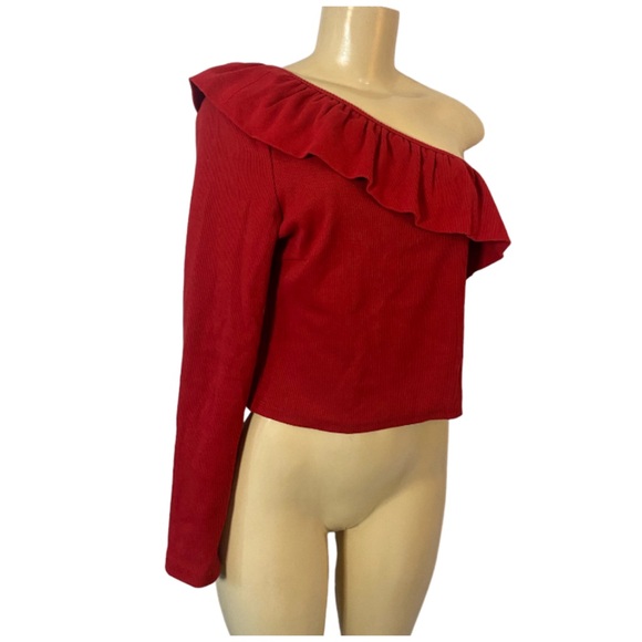Anthropologie One Shoulder Long Sleeve Ruffle Top Red Medium - Picture 2 of 5